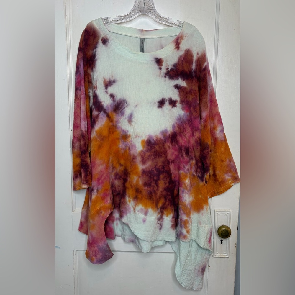 Cynthia Ashby Tie Dye Crinkle Gauze Linen Asymmetrical Tunic Top OS Lagenlook